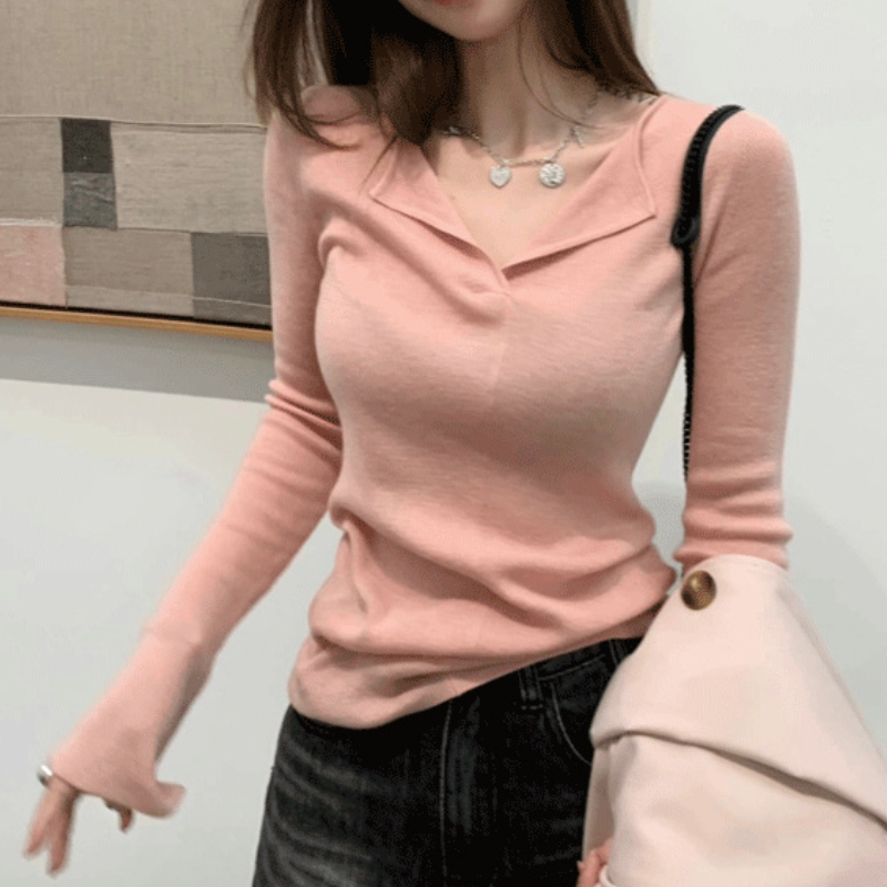 法式開領V領貼身針織上衣 秋冬長袖 羅紋彈性 內搭外穿 高級感