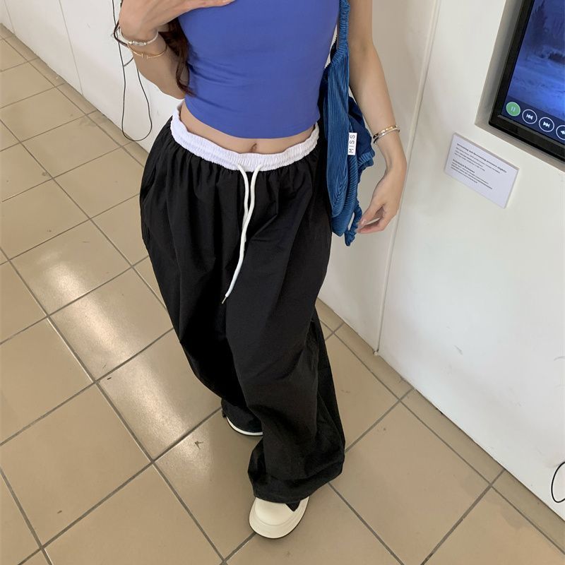 韓系·薄款抽繩工裝寬褲 復古拼接高腰寬鬆休閒褲