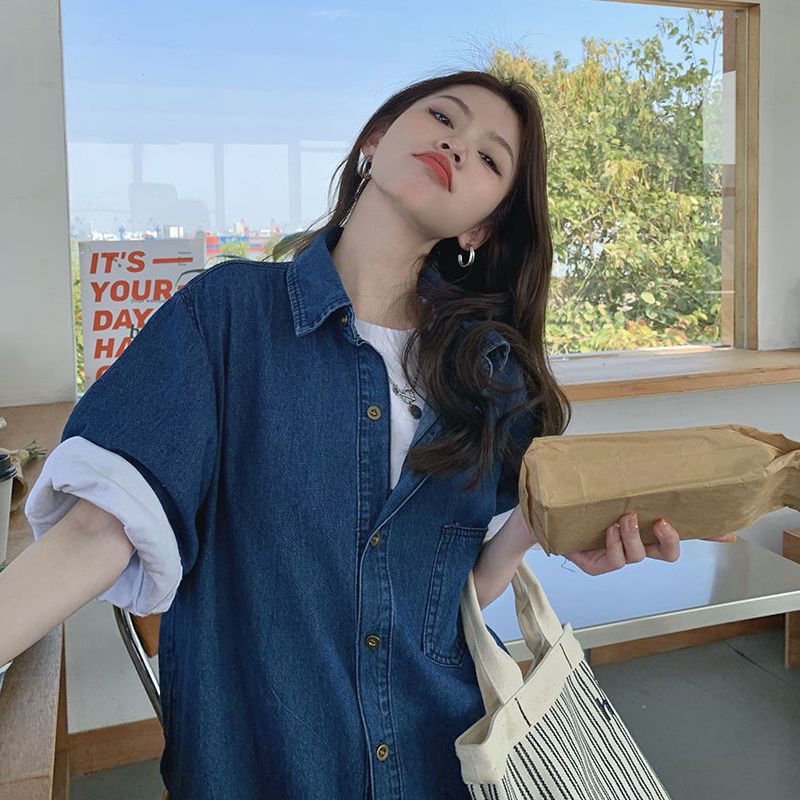 復古牛仔襯衫洋裝 中長版 翻領口袋 寬鬆顯瘦 清爽極簡
