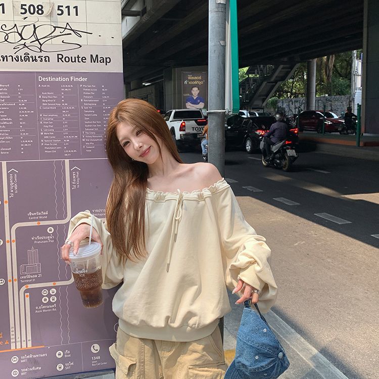 韓系綁帶斜肩寬鬆大學T 慵懶感套頭長袖上衣