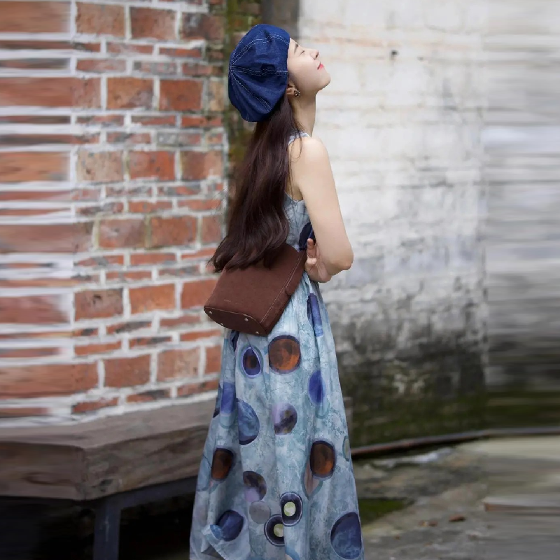 手繪感塗鴉背心裙洋裝 學妹系圓點天絲長裙 抗UV涼感閨蜜裝 獨家版型 社團穿搭師大商圈街拍