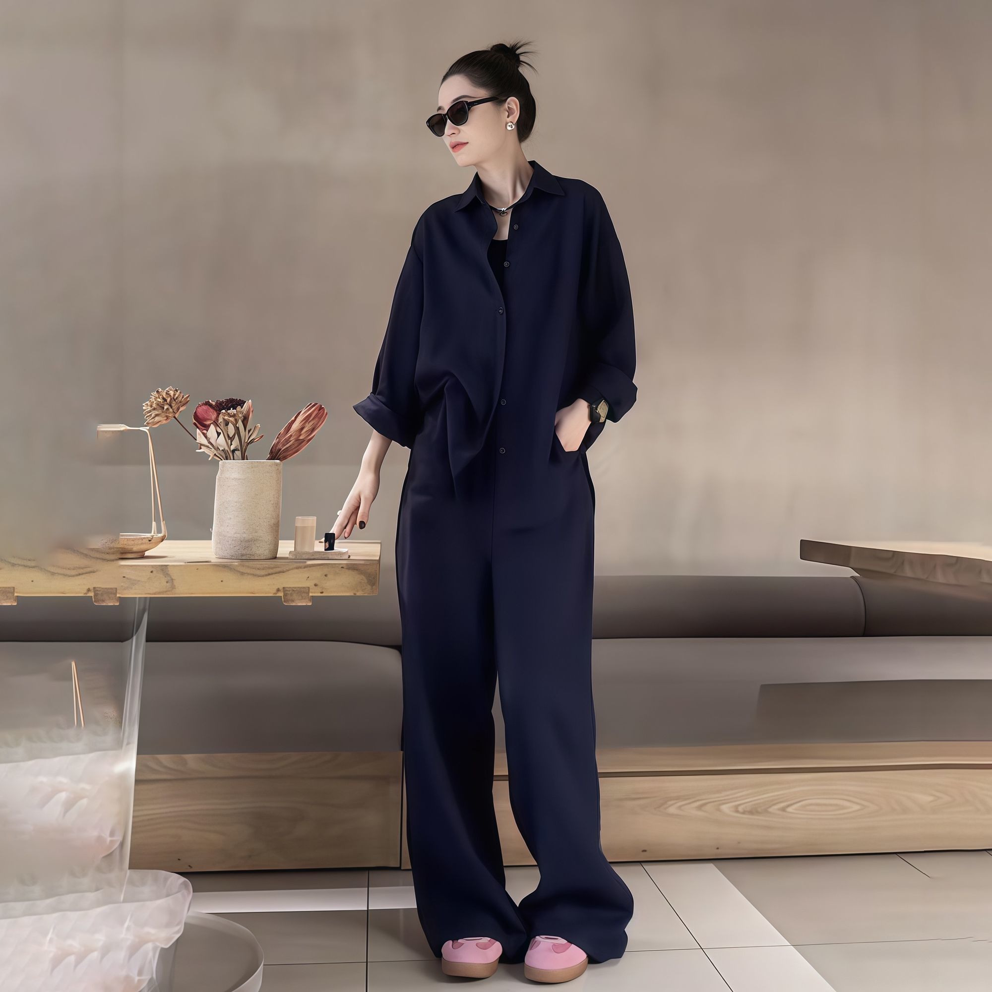 極簡風通勤兩件式套裝 深藍寬鬆襯衫＋休閒寬褲 氣質高級感