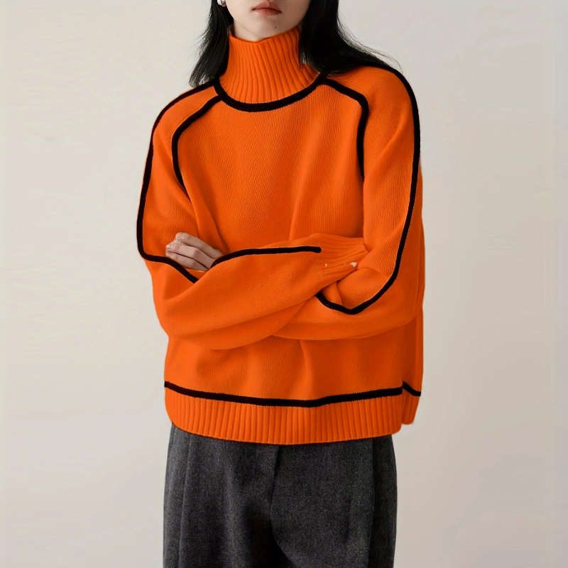 高領插肩針織毛衣 法式感燈籠袖 滾邊設計 寬鬆版型