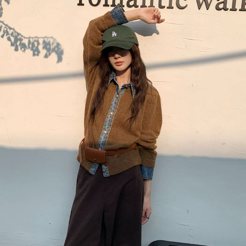 韓系牛仔拼接針織外套 厚磅質感 層次襯領設計