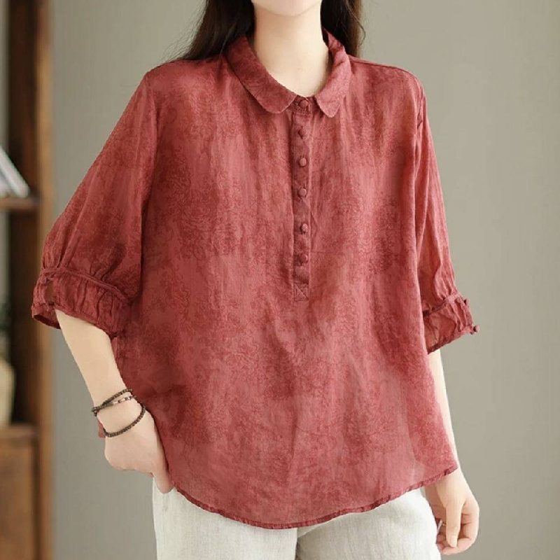 精緻提花翻領棉麻襯衫 復古五分袖顯瘦遮肉薄款上衣