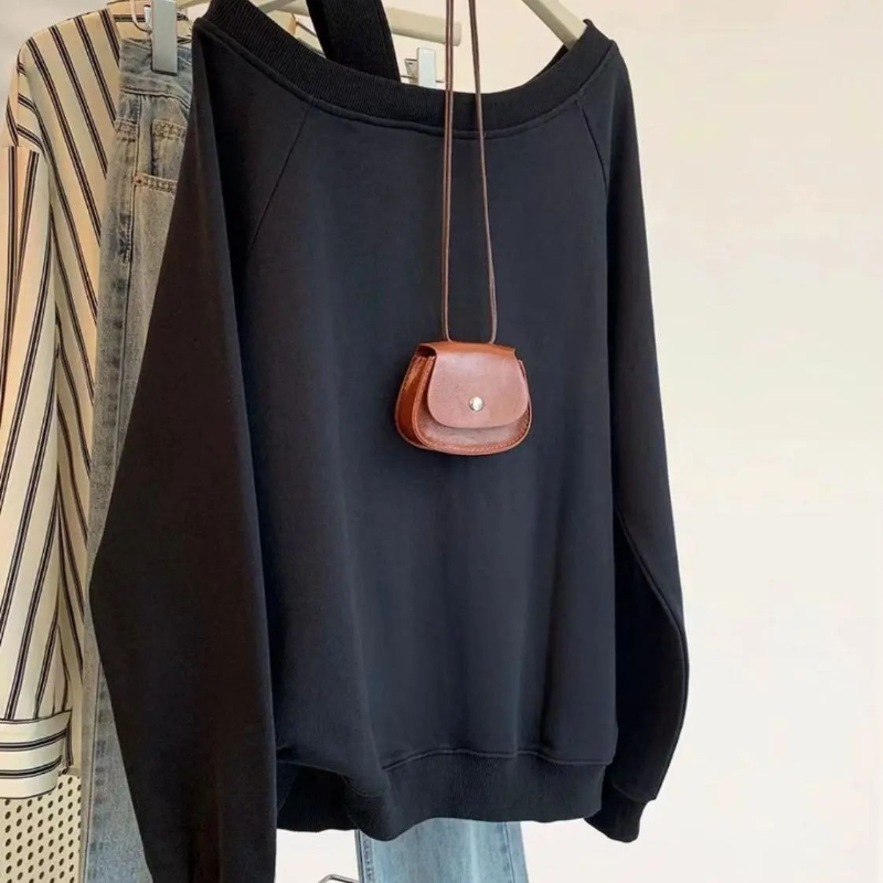 美式斜肩寬鬆大學T 露肩設計感長袖上衣