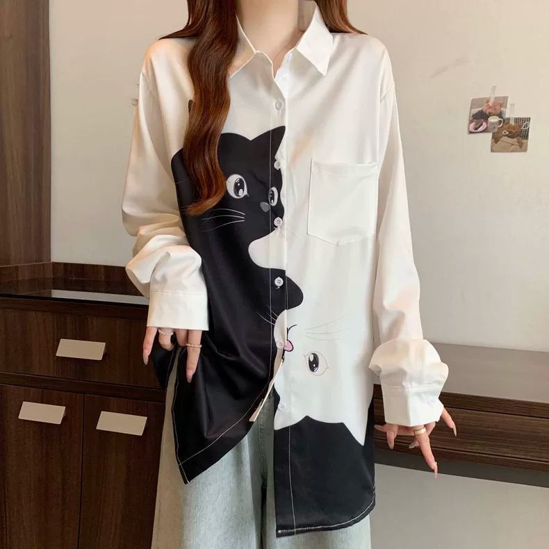 大尺碼貓咪印花襯衫 長袖寬鬆版 顯瘦遮肉（黑/白）