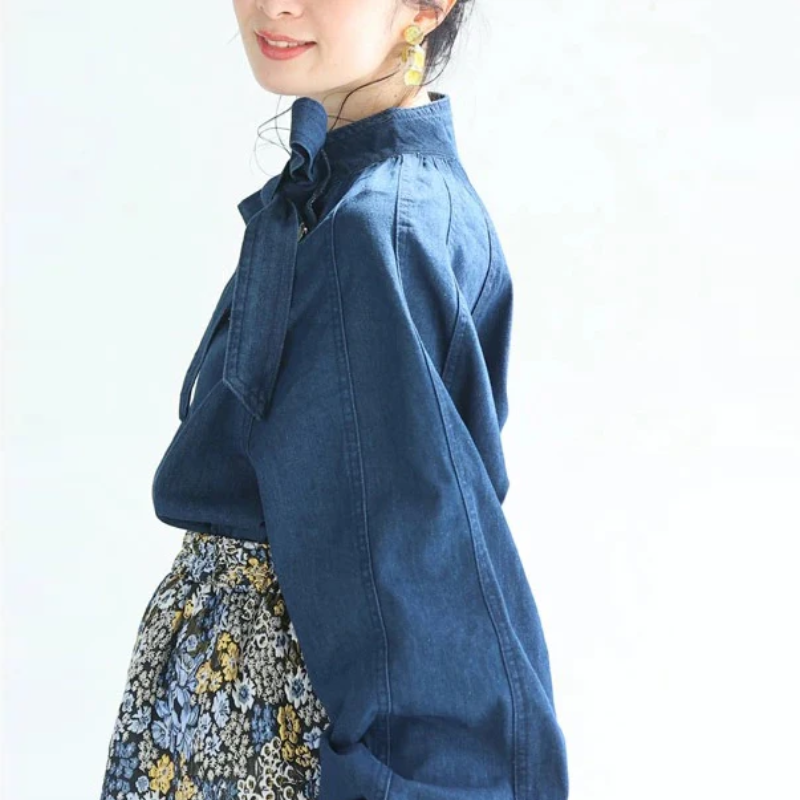 牛仔系帶蝴蝶結襯衫 燈籠袖設計 百搭丹寧上衣