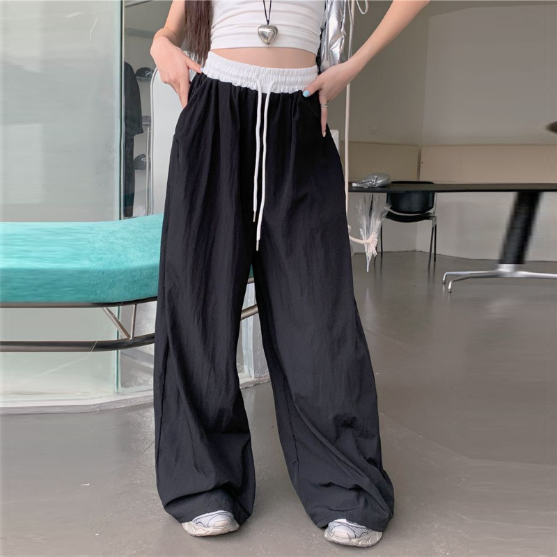 韓系·薄款抽繩工裝寬褲 復古拼接高腰寬鬆休閒褲