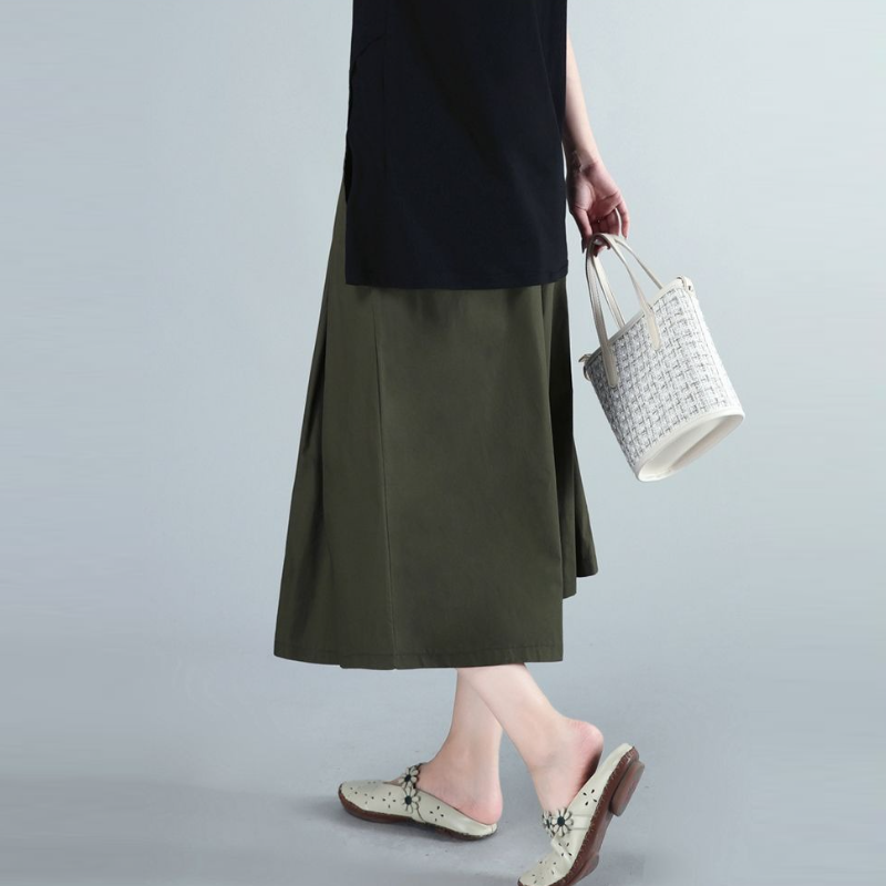 純棉寬版中長褲 鬆緊腰設計 文青休閒風