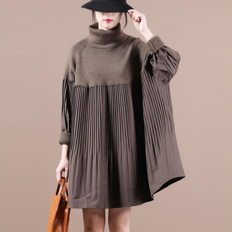 高領針織拼接百褶上衣 寬鬆剪裁 素色氣質 秋冬百搭