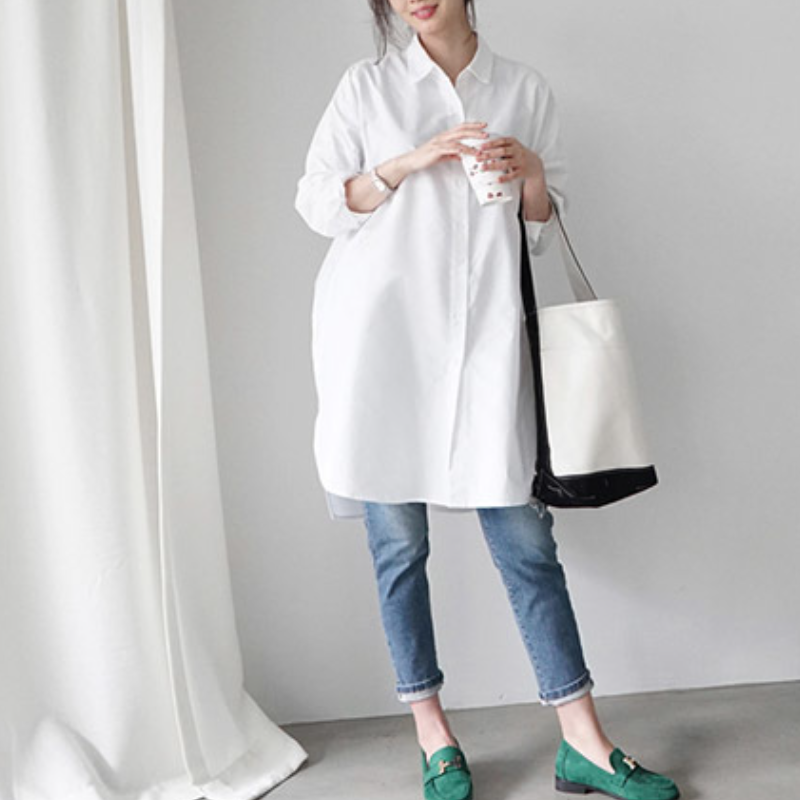 韓系純棉寬鬆版型條紋罩衫襯衫 過膝藏肉剪裁 慵懶風寬袖翻領上衣外套