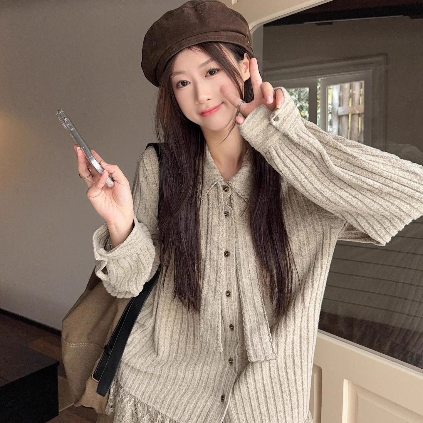 日系復古蕾絲拼接針織襯衫 寬鬆剪裁 秋冬氣質上衣