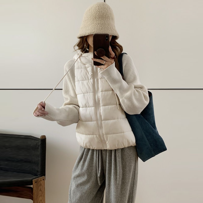 針織拼接連帽鋪棉外套 短版輕量 保暖不臃腫（小個子友善）