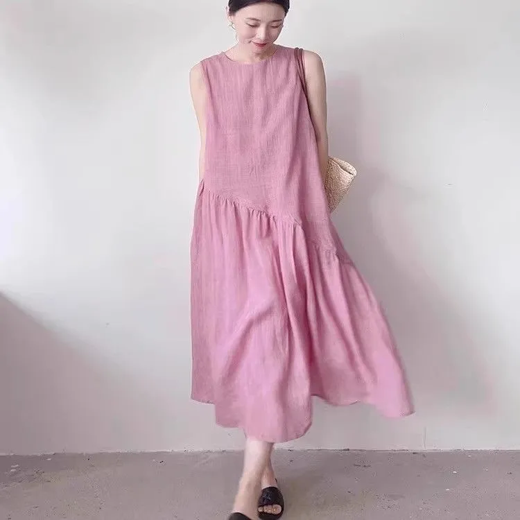 素色棉麻連身裙 韓系減齡棉質鬆身洋裝