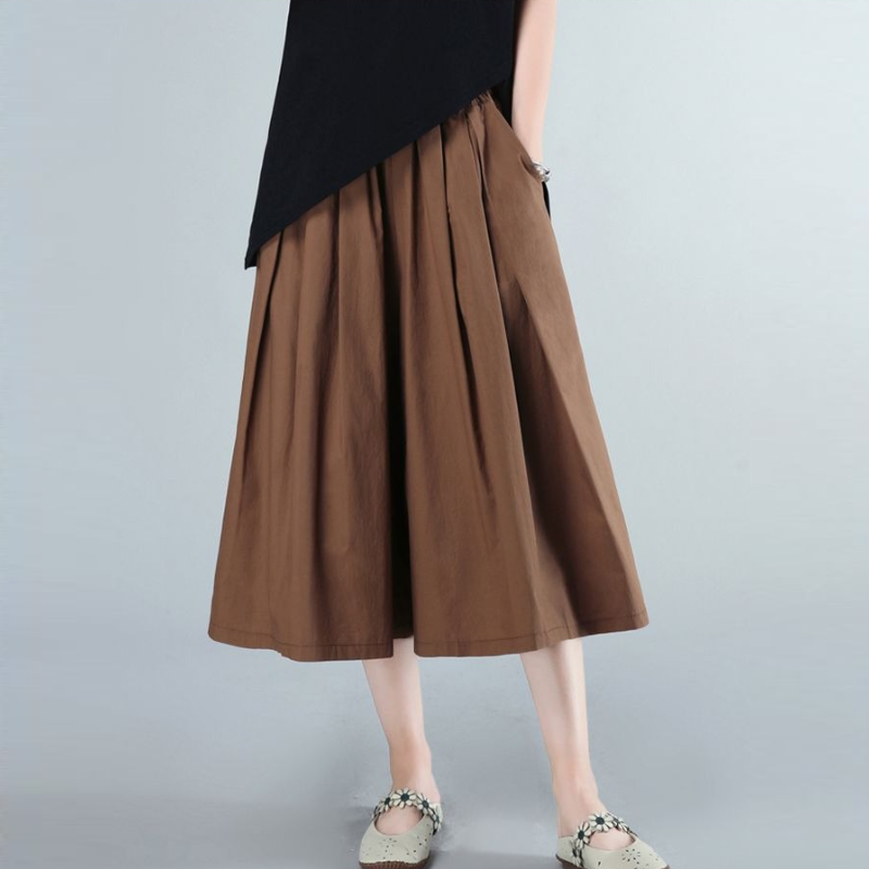 純棉寬版中長褲 鬆緊腰設計 文青休閒風