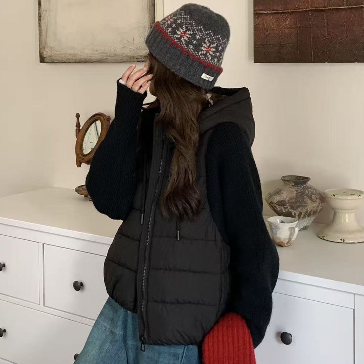 針織拼接連帽鋪棉外套 短版輕量 保暖不臃腫（小個子友善）