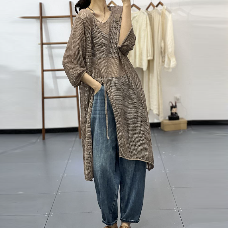 春夏鏤空針織裙罩衫 文青風中長版連身裙 慵懶休閒感穿搭