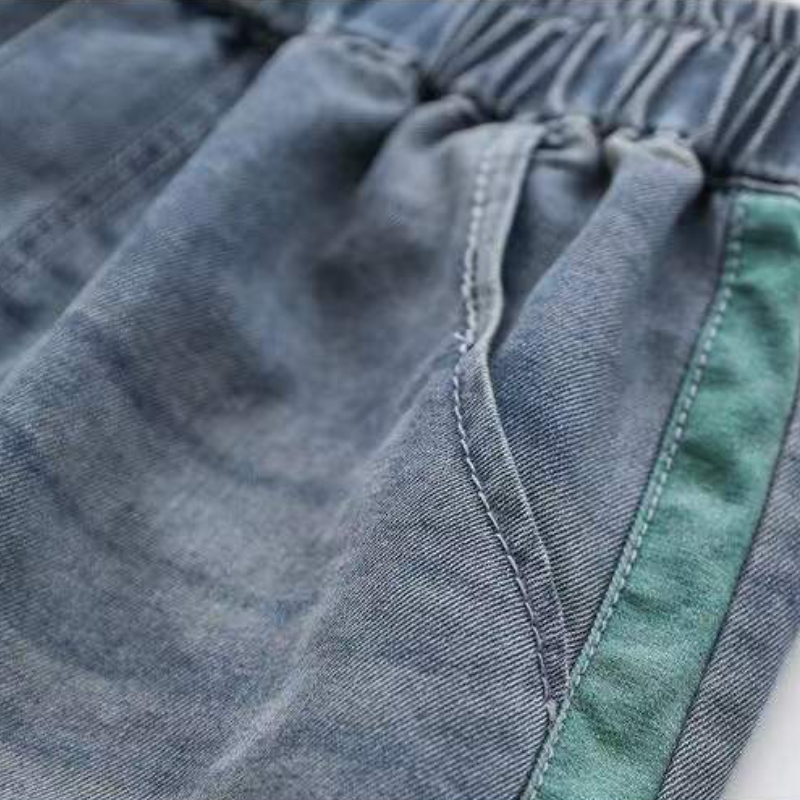 牛仔拼接撞色九分褲 寬鬆好搭 鬆緊腰哈倫版