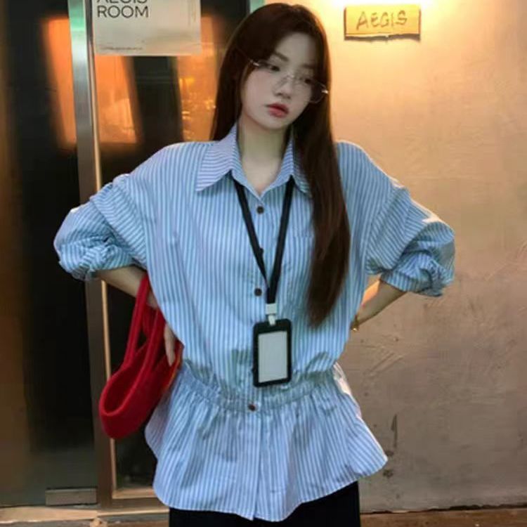長袖條紋襯衫 抽繩收腰＋荷葉擺 顯瘦有型 秋季上衣