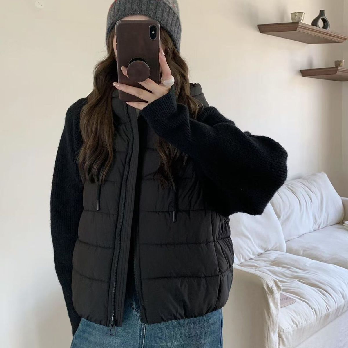 針織拼接連帽鋪棉外套 短版輕量 保暖不臃腫（小個子友善）