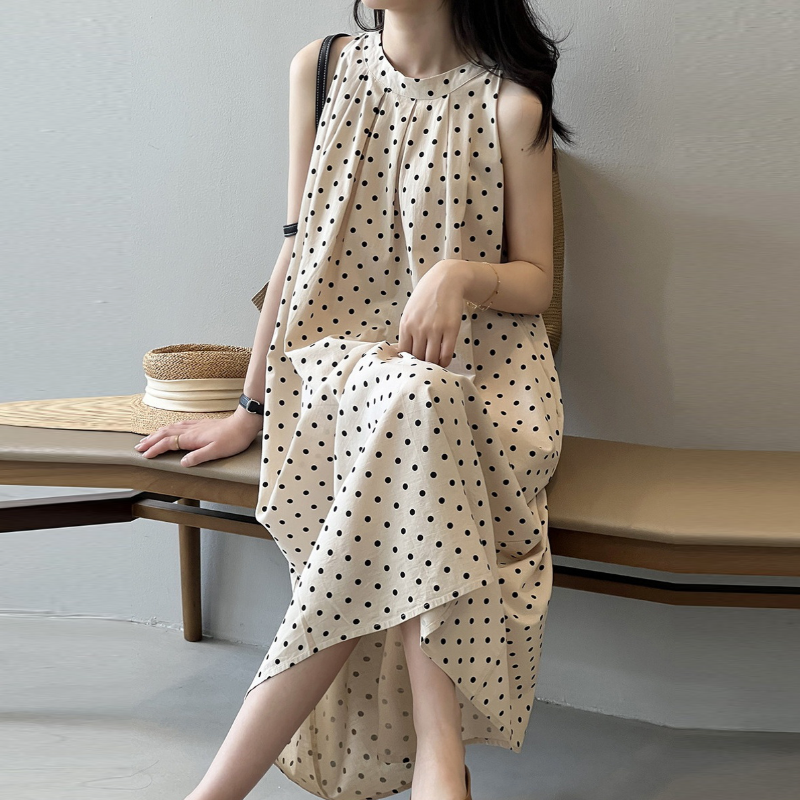 夏季波點棉麻連身裙 慵懶渡假茶歇法式吊帶裙A字裙無袖長洋