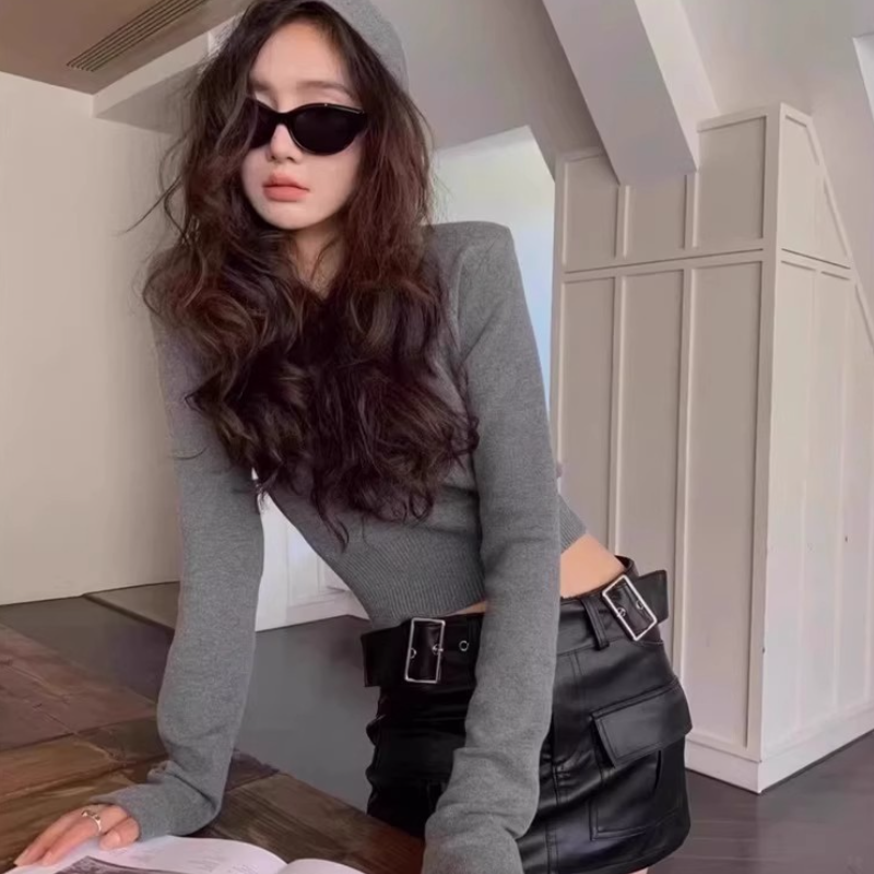 連帽針織短版上衣 5色修身 收腰顯瘦 長袖毛衣 秋季甜辣風