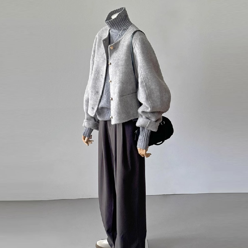 【單品可選】一整套入冬穿搭韓系小香風灰色短款呢料外套+百搭高領毛衣兩件套