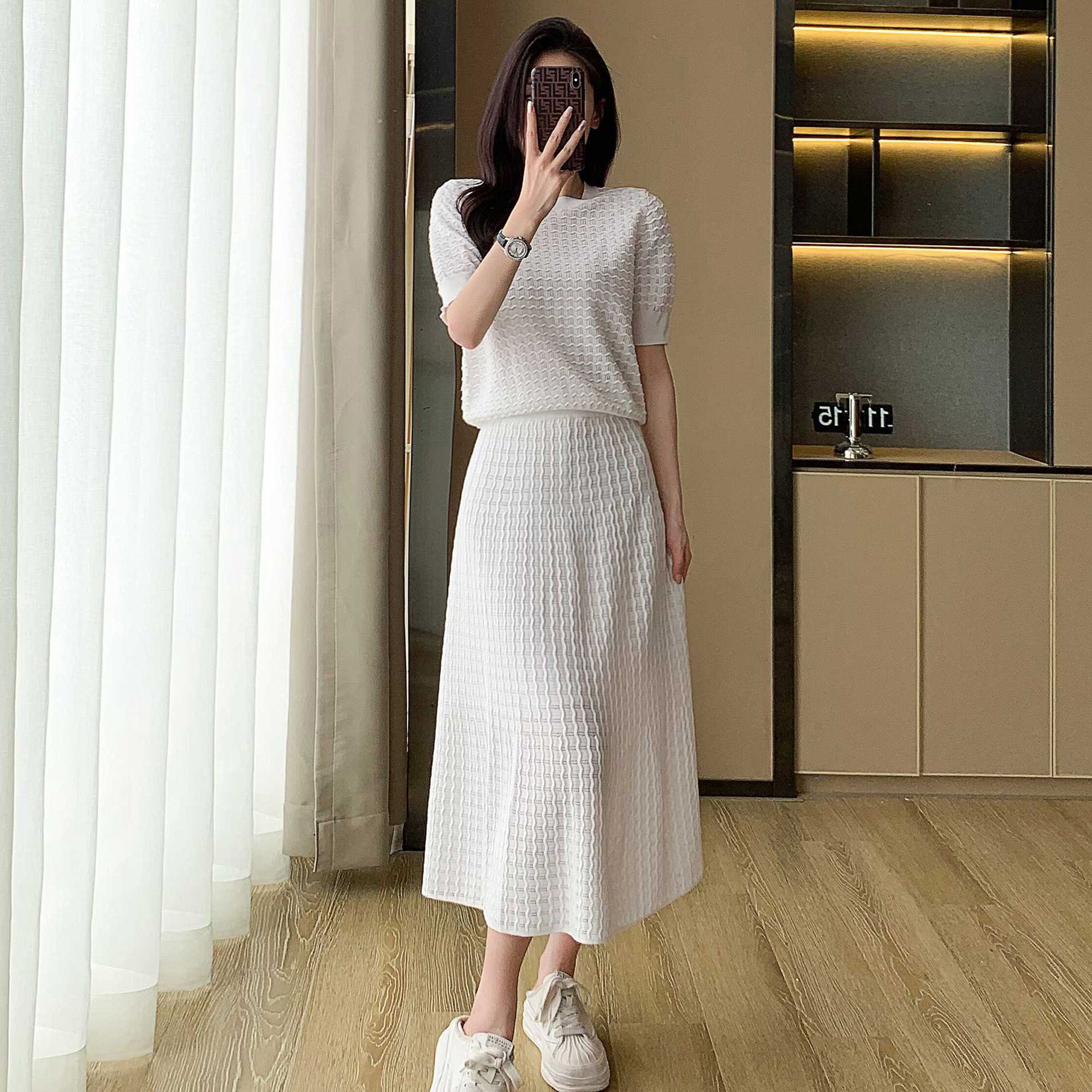 小香風鏤空針織套裝 法式刺繡透膚傘狀裙可拆式兩穿上下套裝