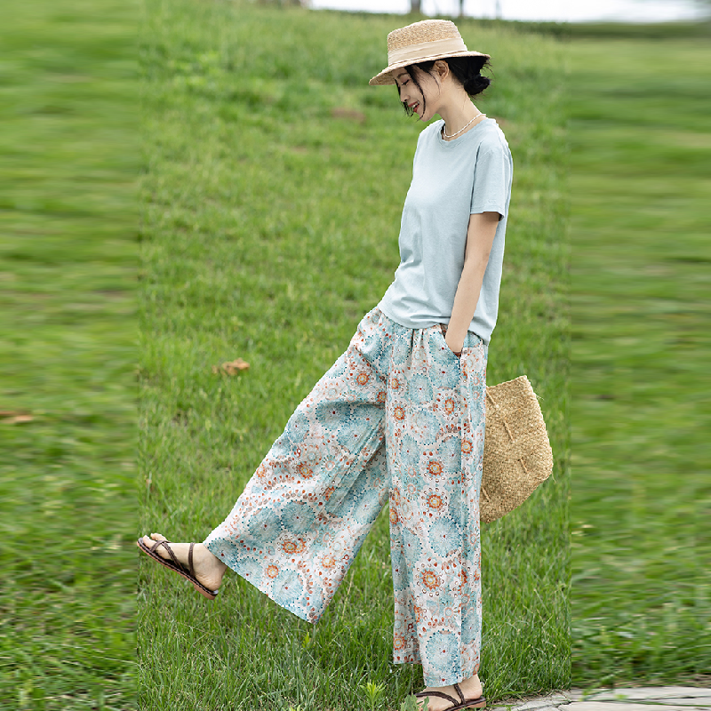 老屋印花吉普賽流浪風棉麻褲裙 南法莊園手繪撞色綁帶休閒寬褲