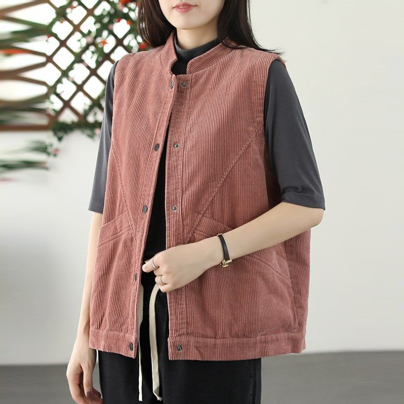 復古燈芯絨背心外套 超柔手感 春秋外搭 文青休閒 寬鬆百搭 無袖