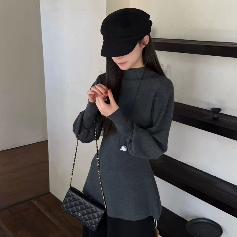 法式半高領荷葉擺針織上衣 燈籠袖 收腰版型 比例更好看