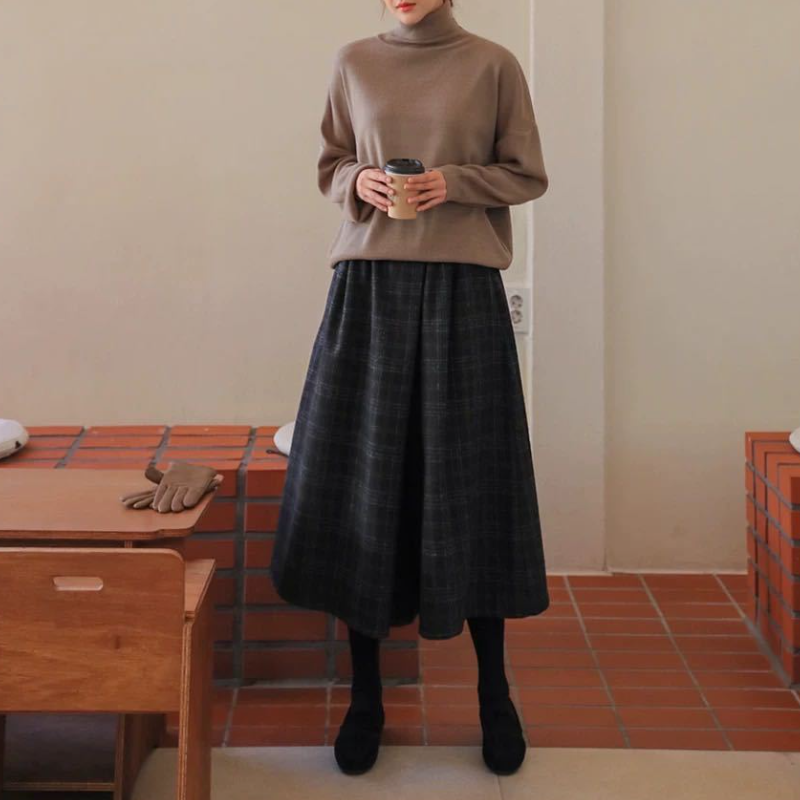 簡約．秋冬格子毛呢褲裙寬褲鬆緊腰