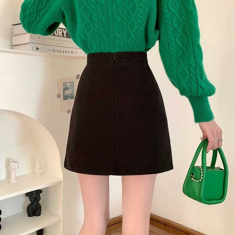 高腰開衩褶疊毛呢短裙 設計感A字版 顯瘦修飾 好搭百褶感（內建安全褲）