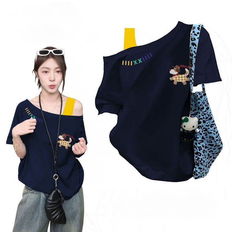 純棉復古印花斜肩假兩件短袖T恤 休閒百搭款