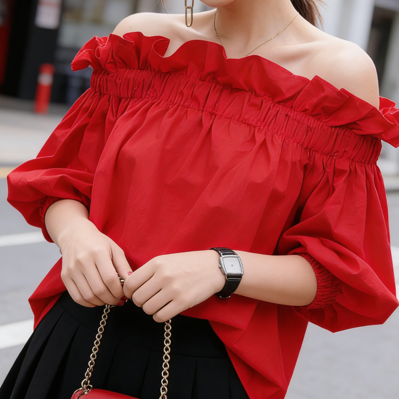 韓系浪漫一字領鬆緊紅色上衣 五分袖設計感襯衫 顯白亮紅鬆緊抓皺