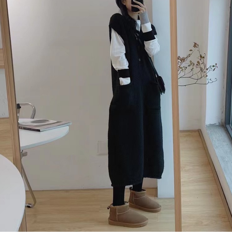 春秋寬鬆顯瘦系扣連身裙-百搭針織馬甲中長款洋裝