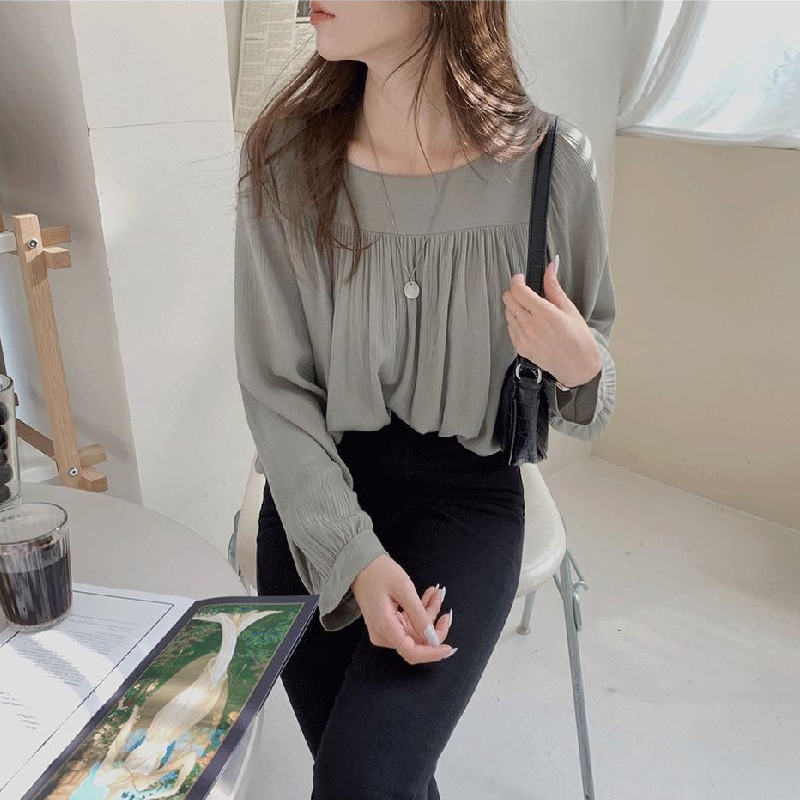 素面長袖雪紡襯衫 春夏法式方領設計感 氣質百搭上衣