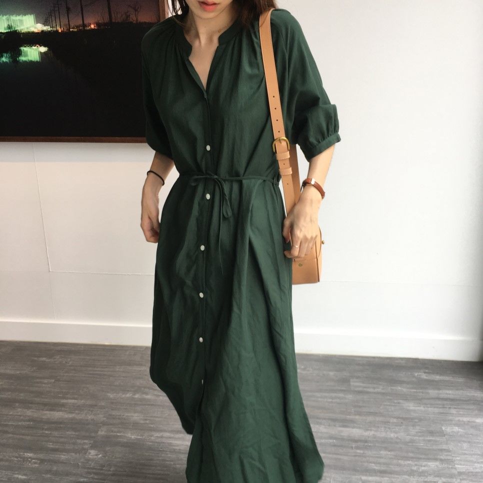 法式慵懶 古巴領五分袖連身裙 微透肌天絲棉長版罩衫 夏季冷氣房藏腰腹 獨家剪裁 早午餐微正式場合