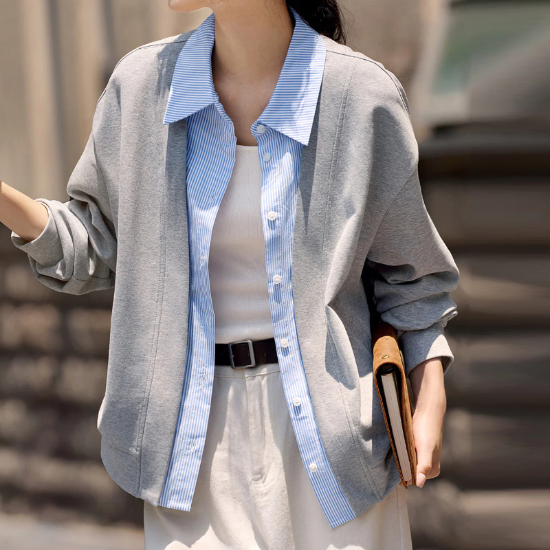 萊賽爾棉假兩件拼接針織薄外套女早秋慵懶設計感氣質上衣