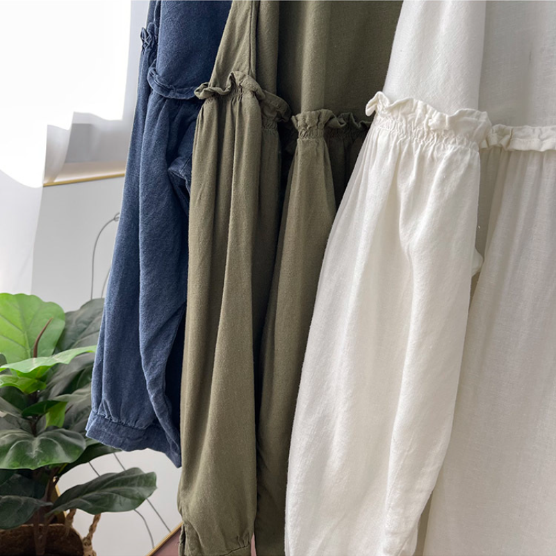 純棉燈籠袖襯衫 圓領排釦 荷葉邊拼接 寬鬆復古感