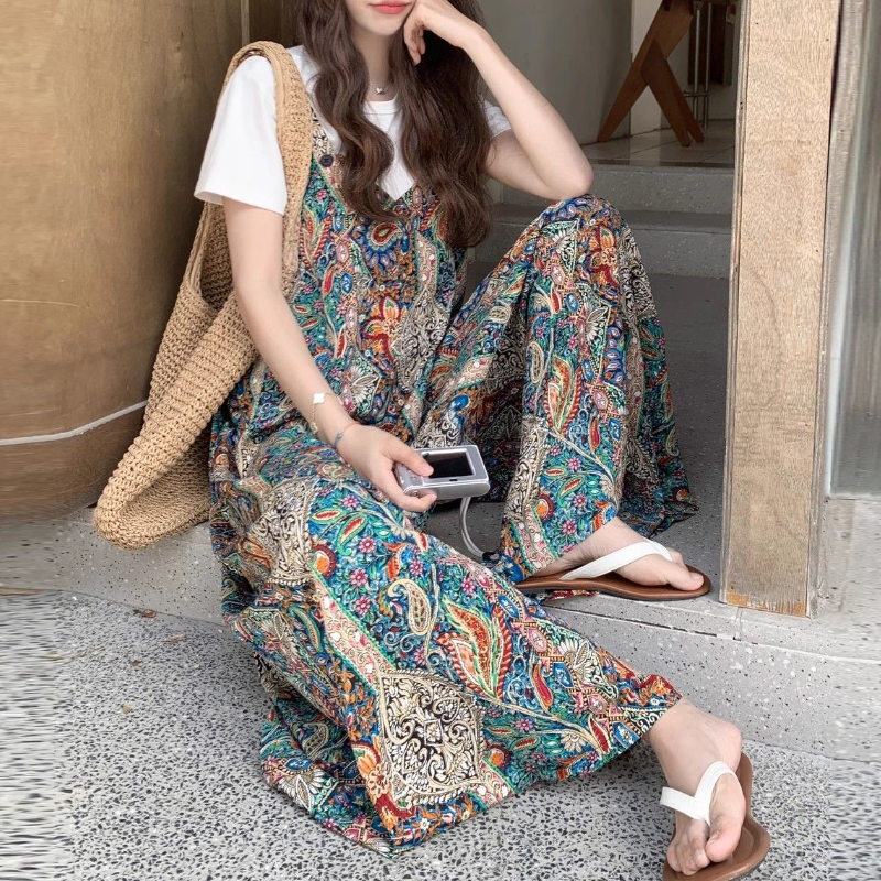 波西米亞拼接印花連身寬褲 復古百搭背帶式寬褲設計款