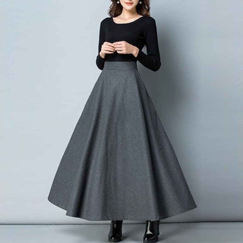 百搭毛呢中長款大擺裙氣質通勤半身裙（有口袋）