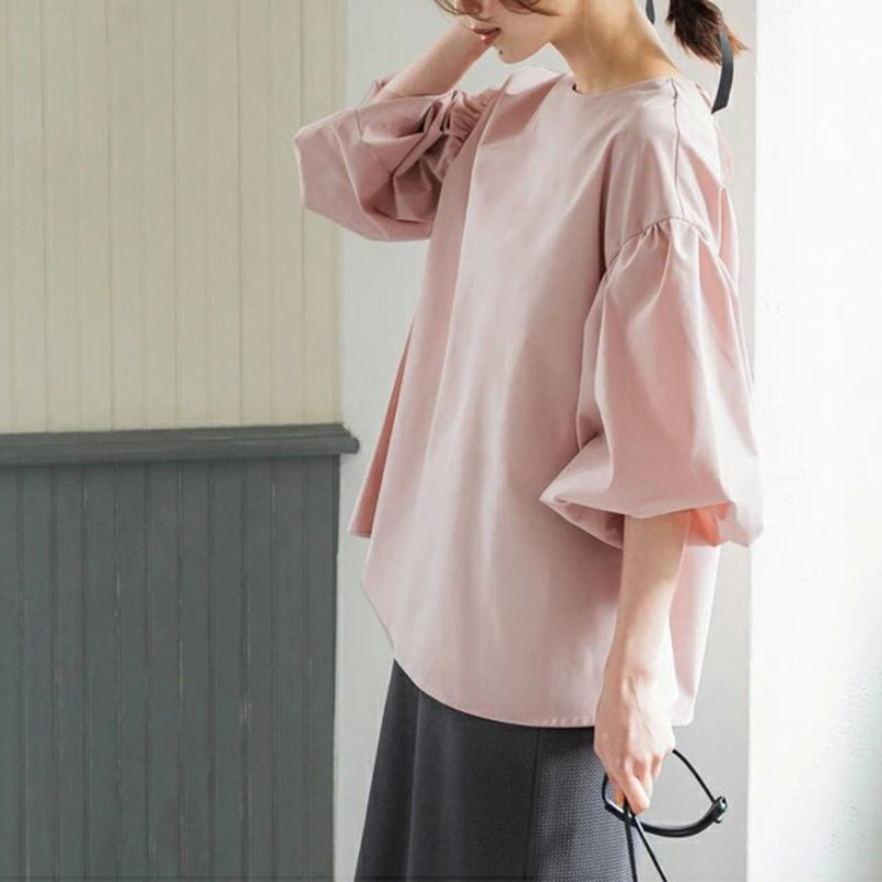 樂天新款 日韓寬鬆大版棉質襯衫 超大燈籠袖圓領五分袖上衣