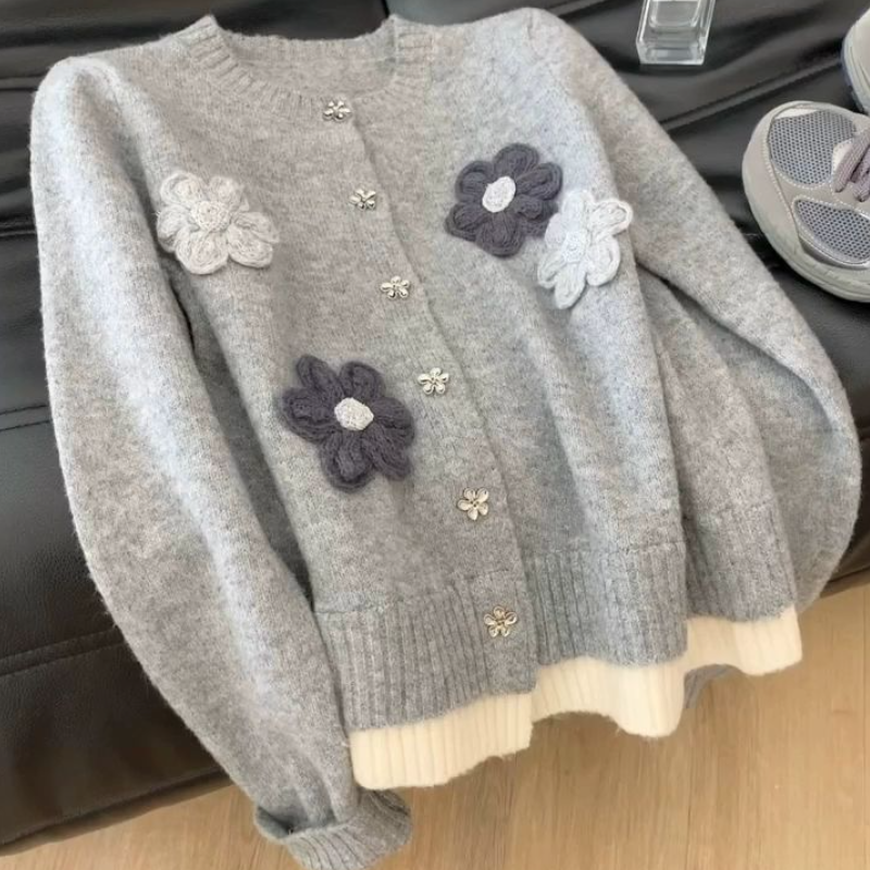 韓系立體花釘珠針織開襟外套 軟糯保暖 寬鬆好搭