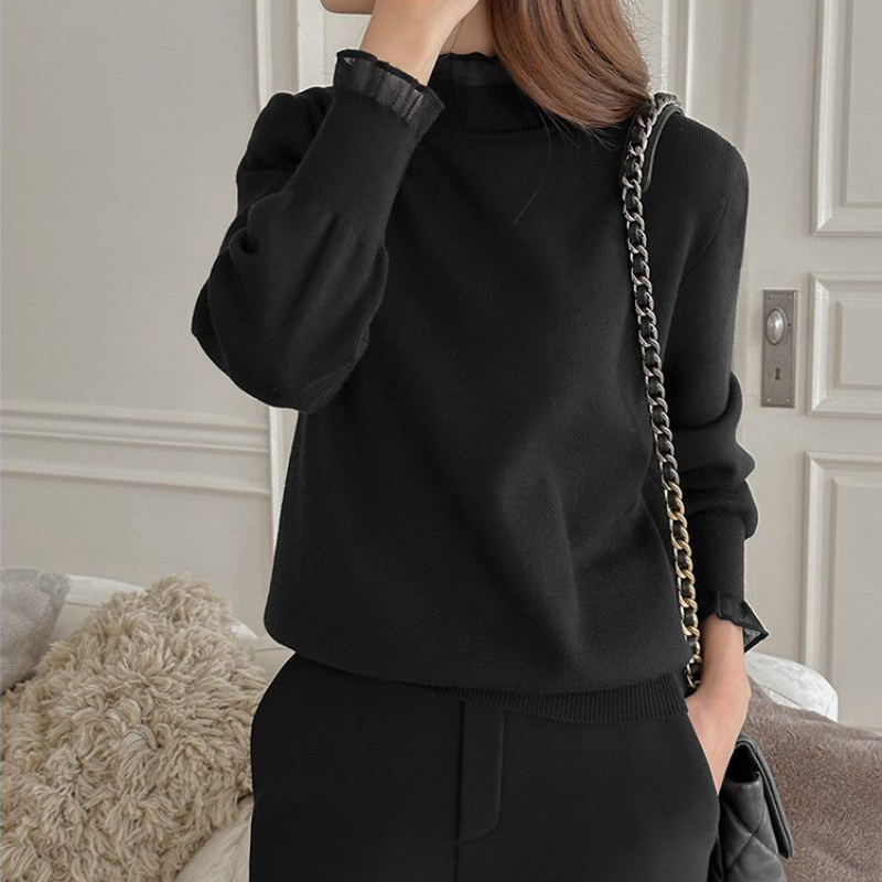 韓國花邊立領上衣-素面蕾絲婚禮OL針織長袖拼接親膚