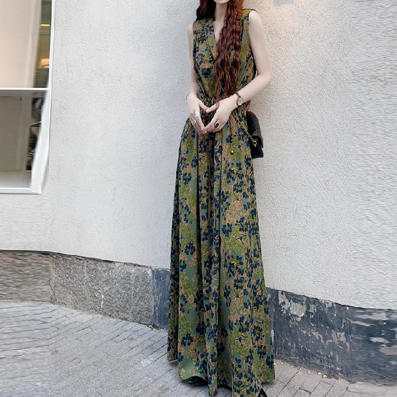小資輕奢 法式無袖長裙 抗UV冰絲緞面渡假 獨家剪裁顯瘦 手繪熱帶印花 冷氣房友善IG爆款連身裙