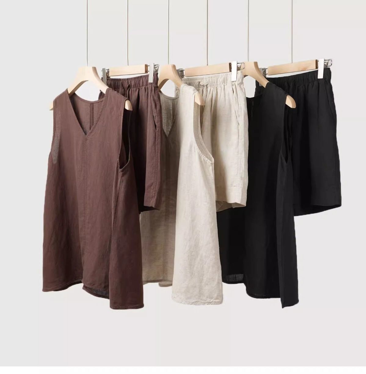 棉麻素面無袖背心＋短褲兩件式套裝 寬鬆透氣休閒款（可單買）