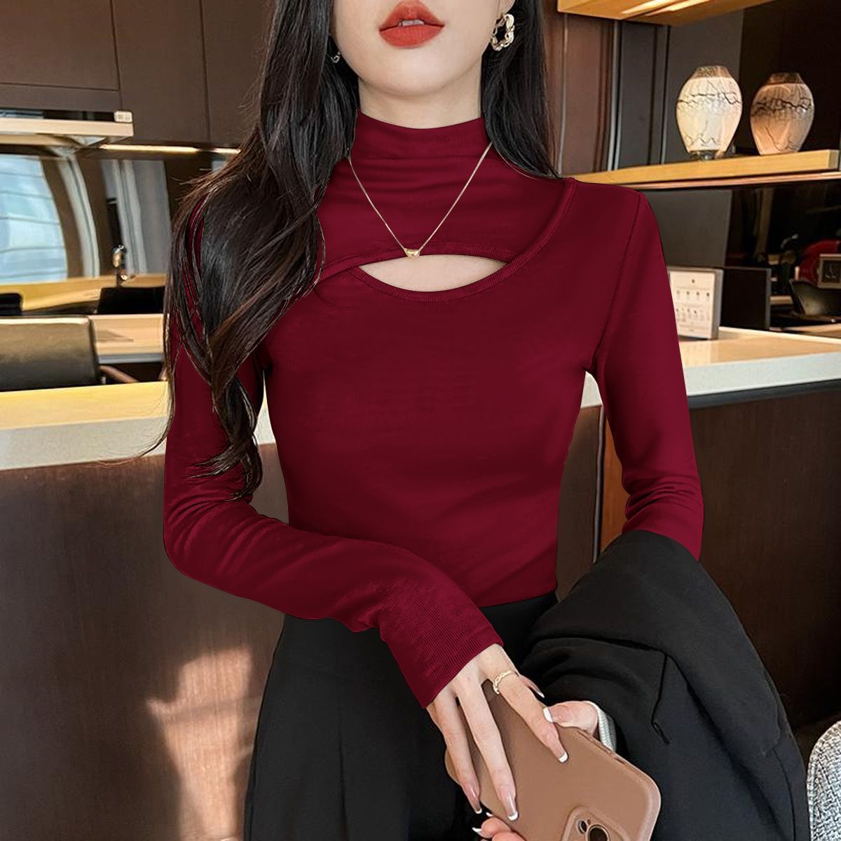 長袖鏤空微高領針織上衣 網美感鏤空設計 修身顯瘦 彈性親膚