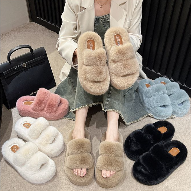 軟萌毛毛雙寬帶拖鞋*5色(到42碼)